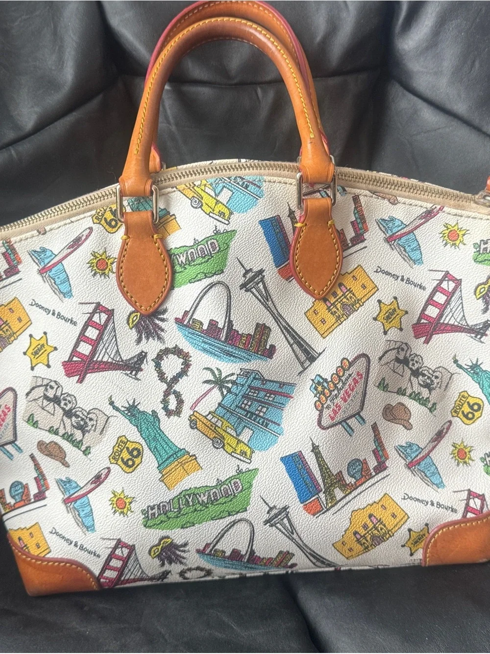 Dooney & Bourke White Leather USA Travel Icons Satchel Handbag w/ Tan Trim